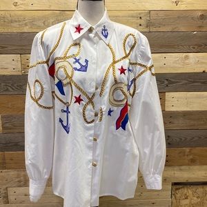 Vintage nautical sailor yachting long sleeve button down cotton embroidered